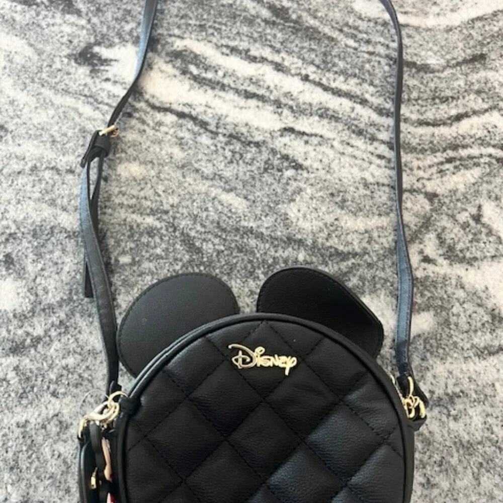 Disney Mickey Mouse quilted crossbody kid bag black 3D ears character charm gold
